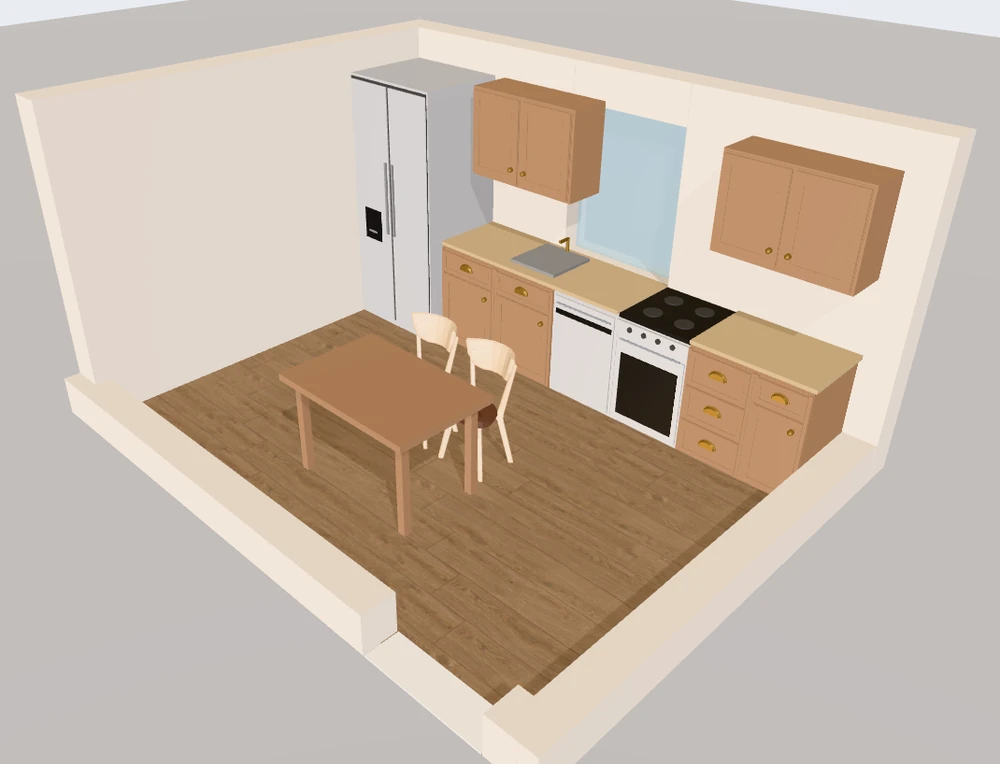 3D view of a 4.2 × 3.2 m kitchen plan in Free Room Planner with a 90 × 75 cm American fridge freezer at the end of a single run of units, beside a dining table