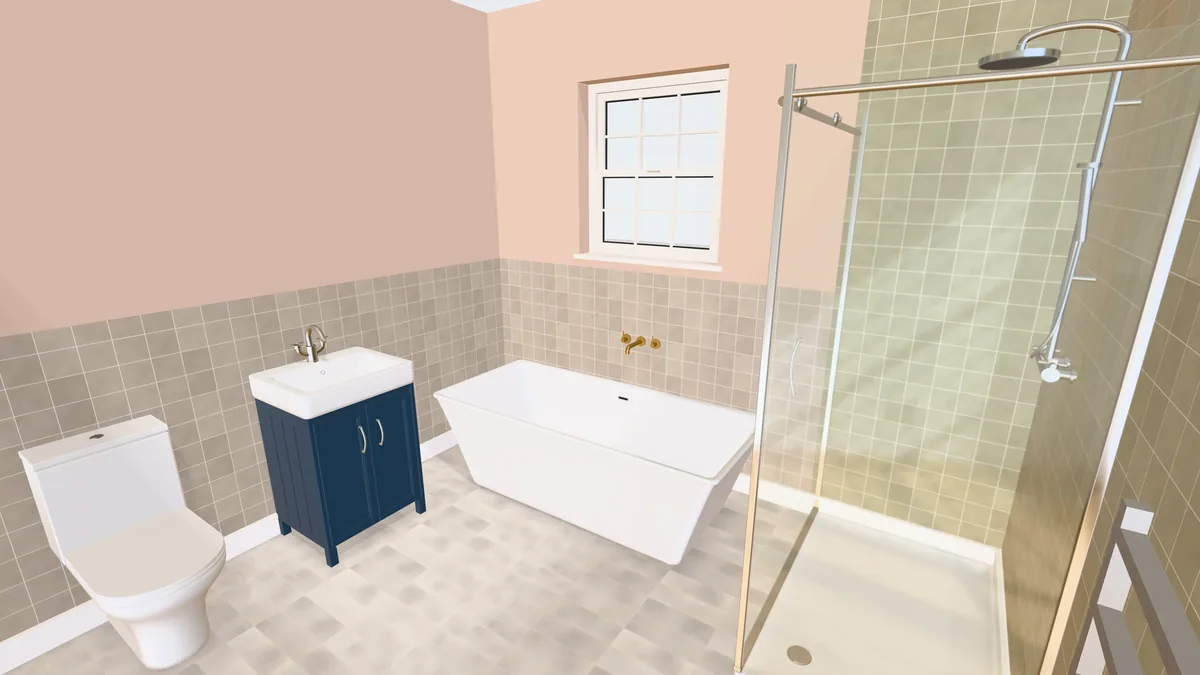 3D view of a bathroom planned in Free Room Planner: a close-coupled toilet, a blue vanity unit, a freestanding bath under the window and a glass shower enclosure
