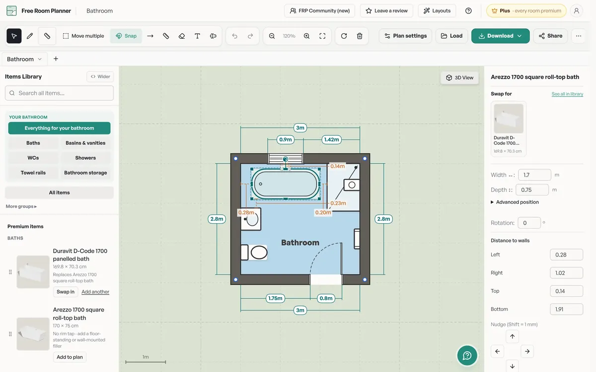 The Free Room Planner bathroom design tool showing a 3 × 2.8 m bathroom plan with a roll-top bath, a shower enclosure, a vanity and a toilet, each dimensioned to the walls