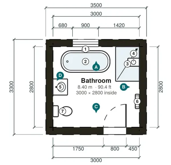The plan from sheet 1 of the scaled PDF Free Room Planner made for the same 3,000 × 2,800 mm bathroom, with dimension lines and numbered fixtures