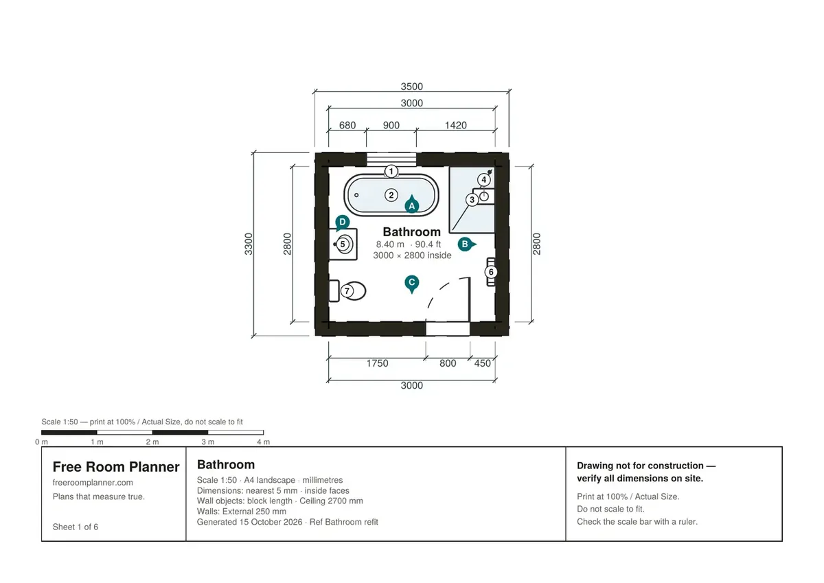 A4 sheet from a Free Room Planner PDF: a 3,000 × 2,800 mm bathroom at 1:50 with dimension lines, the window and door positions and numbered fixtures
