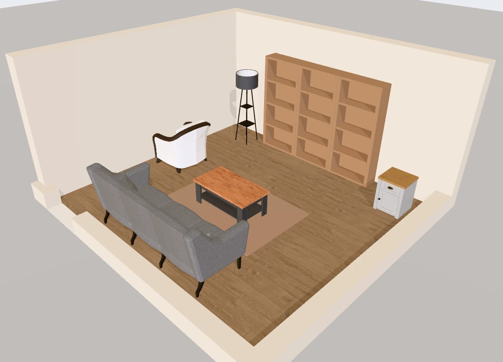 3D view of a 4.5 × 4.2 m living room plan in Free Room Planner with three 80 × 28 cm bookcases side by side on the back wall, a sofa, armchair, coffee table and floor lamp