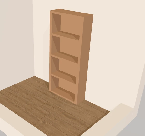3D render of the bookcase from Free Room Planner, set to 80 × 28 cm to match a BILLY, standing against a wall