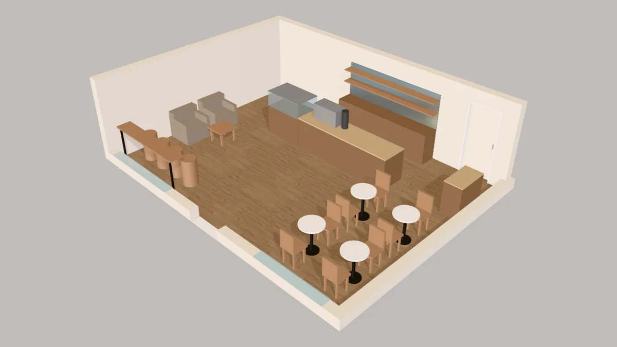 3D view of a counter-service café planned in Free Room Planner: a coffee bar counter with an espresso machine and pastry case, a back bar with shelves, bistro tables, a window bar with stools and two armchairs