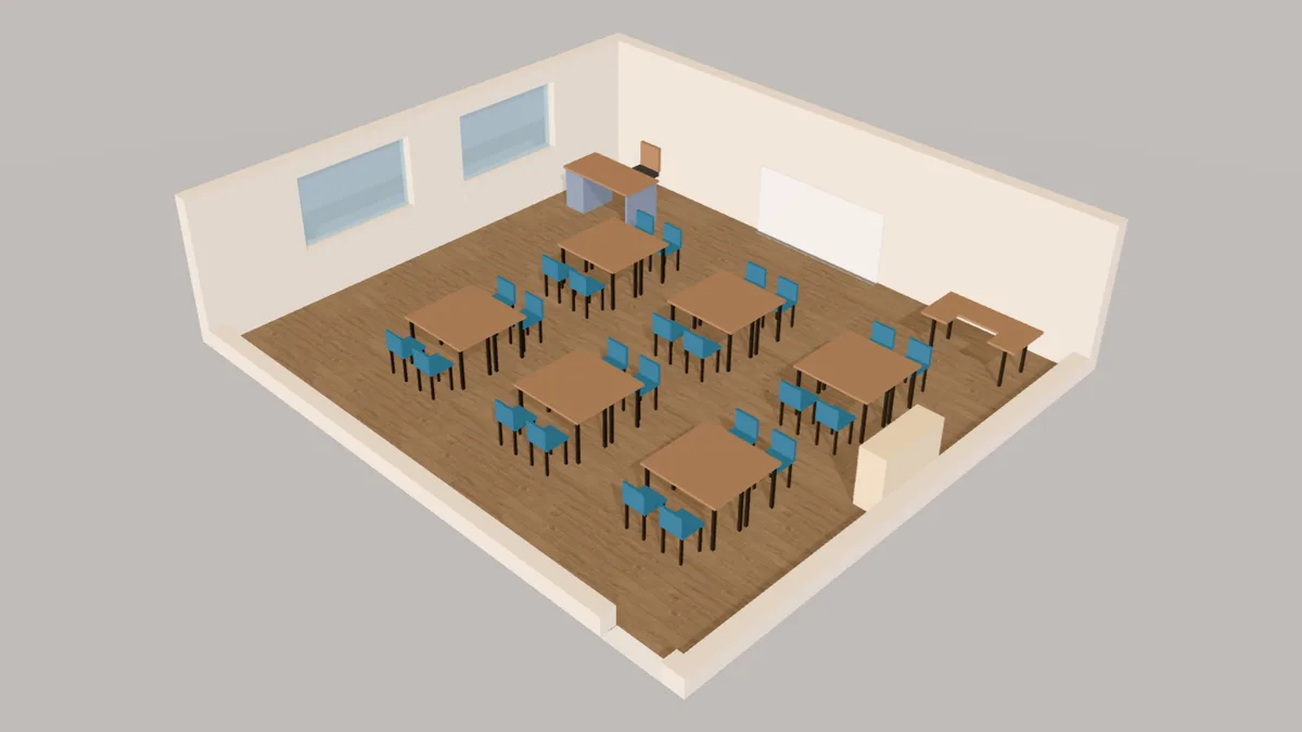 3D view of a classroom planned in Free Room Planner: six groups of four pupils at tables pushed together, blue chairs, a whiteboard and teacher’s desk at the front and a kidney table in the corner