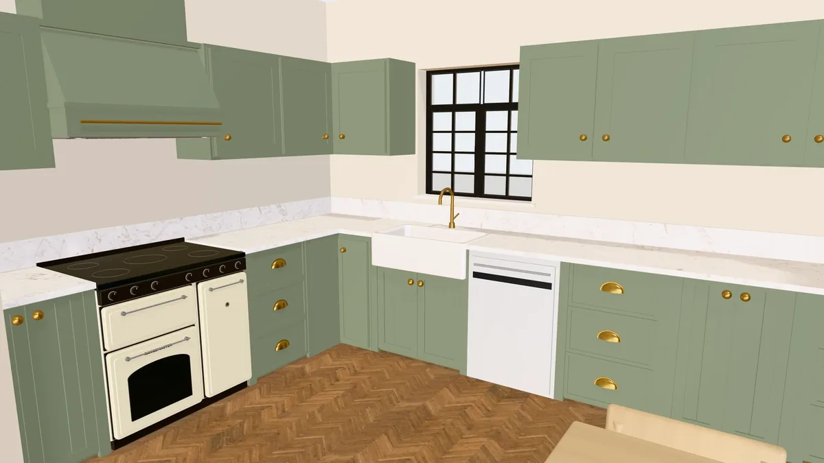 3D view of an L-shaped Shaker kitchen in sage green with brass handles, a cream range cooker, a white ceramic sink under a black steel window, a white dishwasher and a herringbone wooden floor
