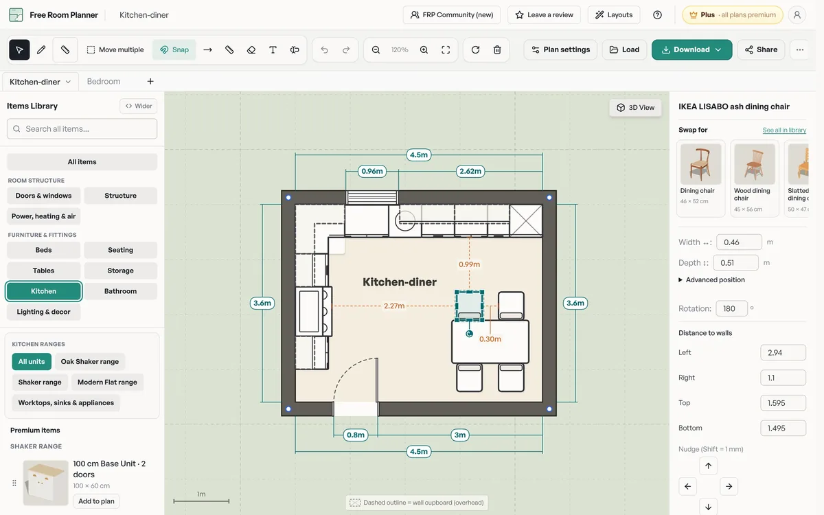 A kitchen-diner in Free Room Planner: an L-shaped run of units with a range cooker and a sink, a dining table with four chairs, every wall dimensioned, and a selected chair showing its distance to the cooker and to the sink run