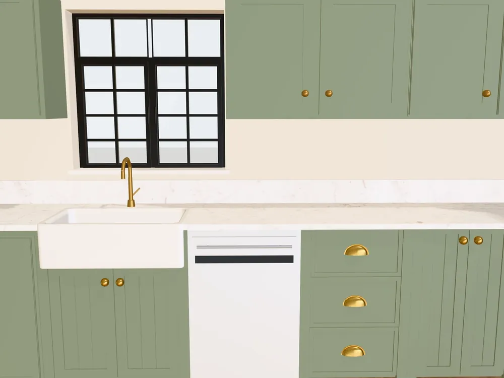 3D render from Free Room Planner of a kitchen run: sage shaker base units with a drawer unit, a ceramic sink and dishwasher under a stone worktop, and wall units above
