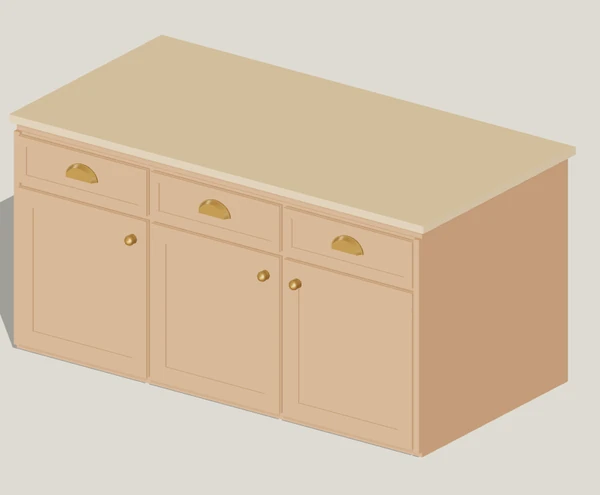 3D render of the kitchen island from Free Room Planner: a 180 × 90 cm island with three drawers, cupboard doors and a worktop