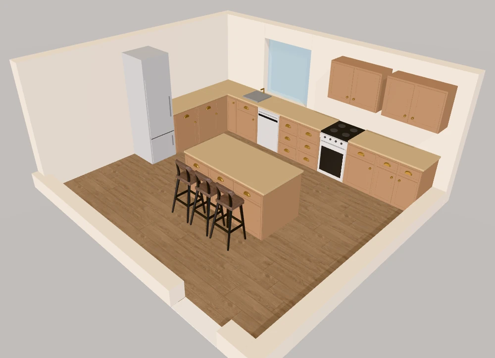 3D view of a 5.1 × 4.5 m kitchen plan in Free Room Planner with an L-shaped run of units and a 180 × 90 cm island with three bar stools in the middle of the room