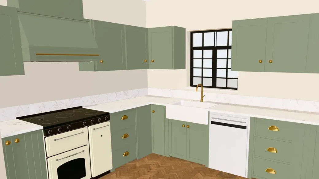 3D view of a kitchen planned in Free Room Planner with generic sage shaker units, a range cooker, a ceramic sink under the window and a dishwasher