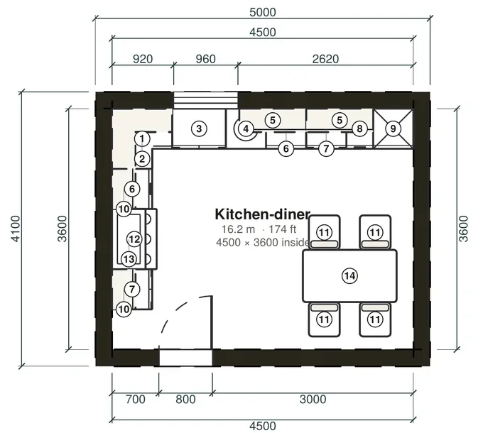 A 4,500 × 3,600 mm kitchen-diner drawn in Free Room Planner at 1:50, with an L-shaped run of units, a range cooker, a tall fridge freezer and a dining table