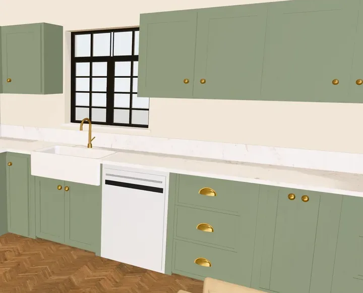 3D render from Free Room Planner of a worktop run: a ceramic sink, a dishwasher and drawer units under a pale stone worktop, with wall units above