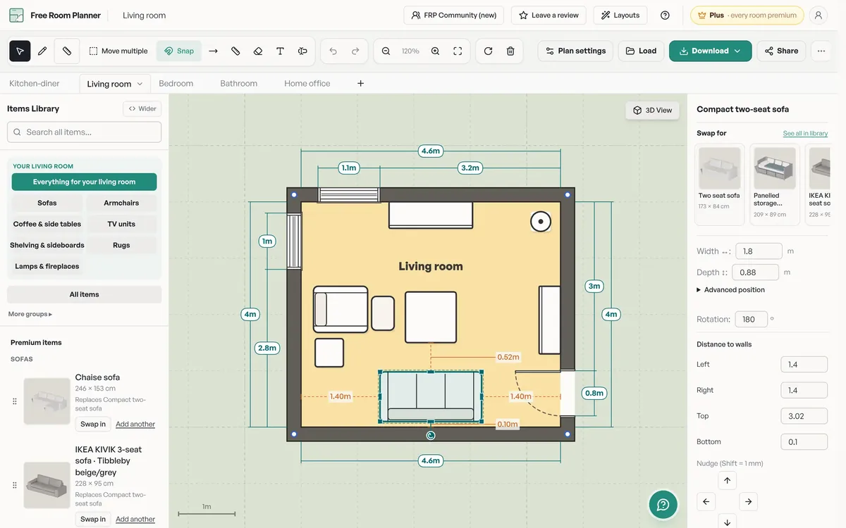 Free Room Planner with a whole house open: tabs for the kitchen-diner, living room, bedroom, bathroom and home office along the top, and the living room plan in the middle with every wall dimensioned in metres
