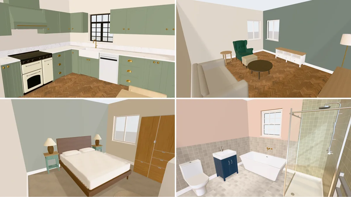 Four rooms of one house rendered in 3D in Free Room Planner: a sage green Shaker kitchen with a cream range cooker, a living room with a green wing chair, a bedroom with a wooden bed and wardrobe, and a bathroom with a freestanding bath and glass shower