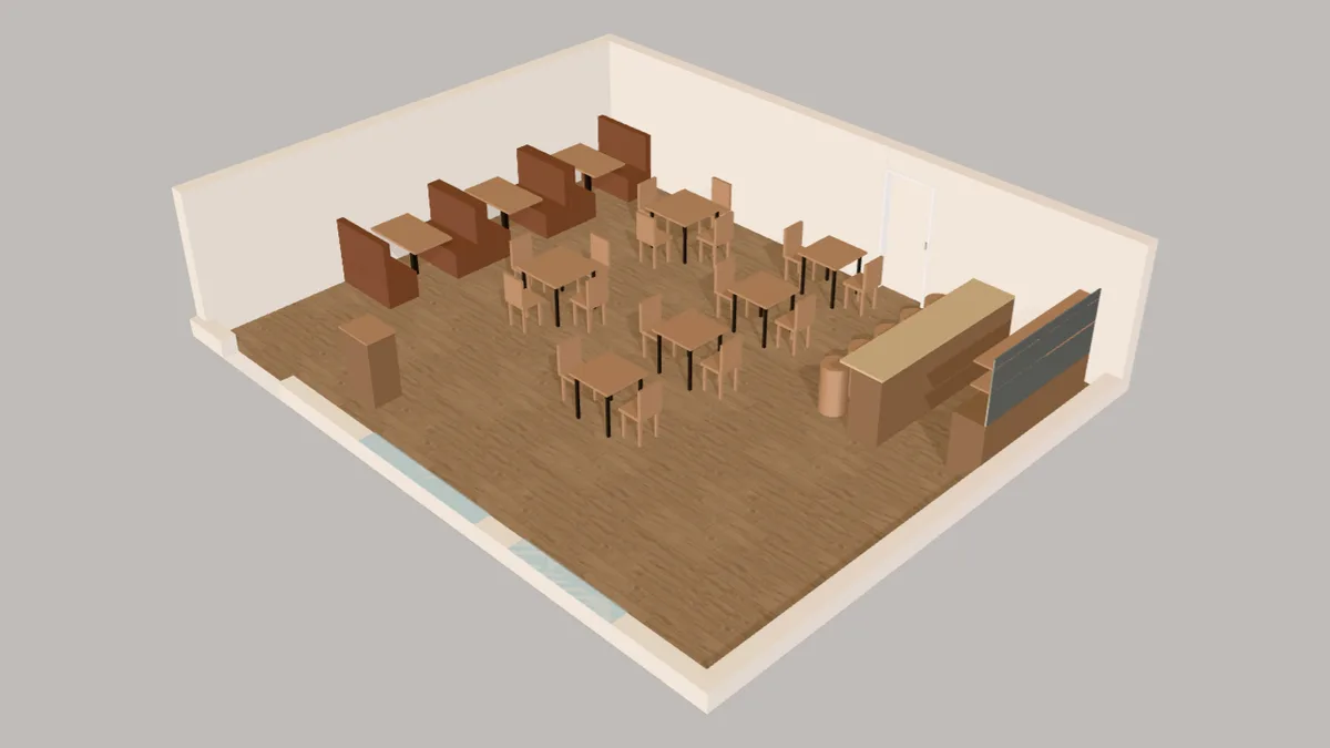 3D view of a casual dining restaurant planned in Free Room Planner: three booths along the left wall, square tables for two and four in the middle, a bar counter with five stools and a back bar on the right