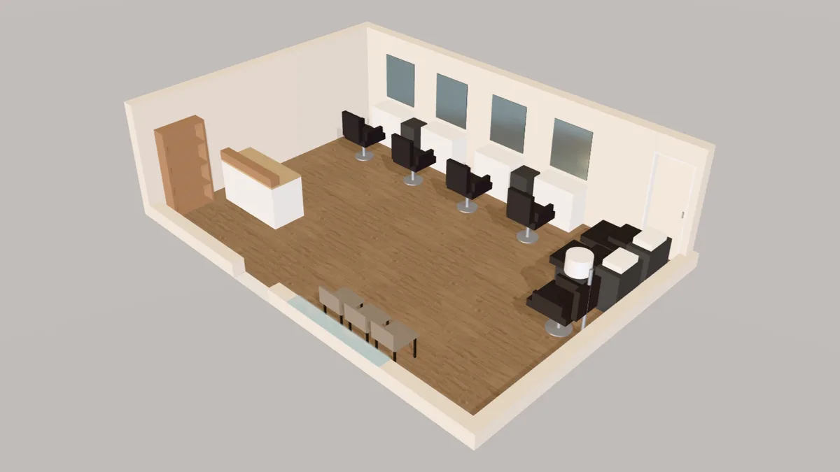 3D view of a four-chair hair salon planned in Free Room Planner: four styling stations with mirrors and black styling chairs, two backwash units and a hood dryer on the right, a reception desk and waiting chairs by the door