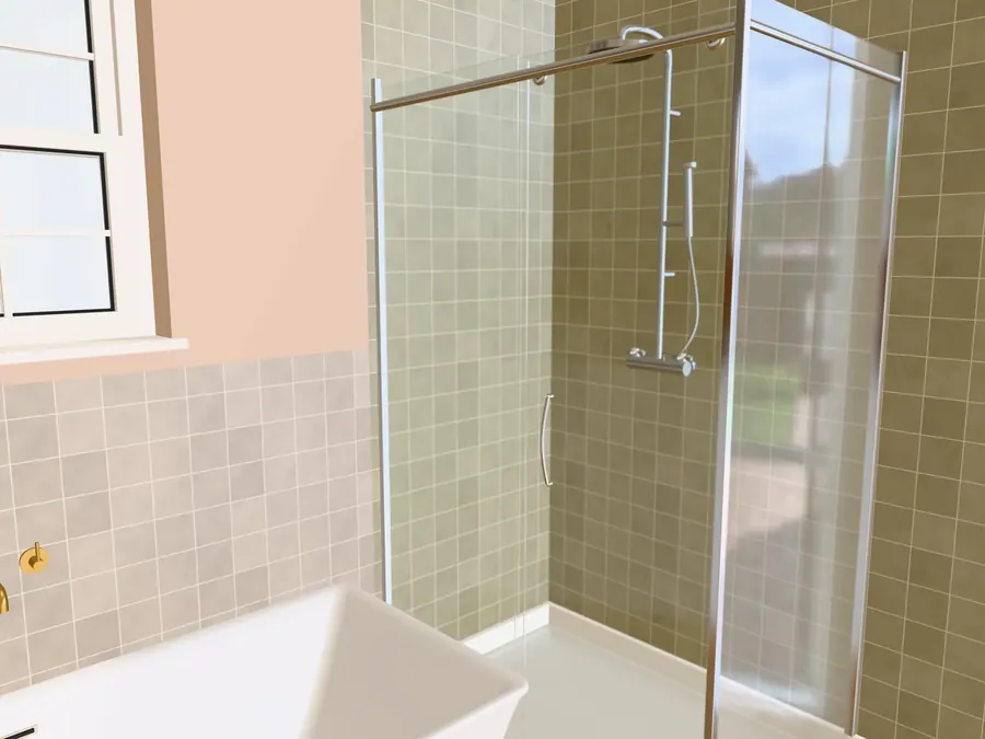 3D render from Free Room Planner of a 1,200 × 800 mm shower enclosure with a sliding glass door, a low tray and an exposed chrome shower on tiled walls