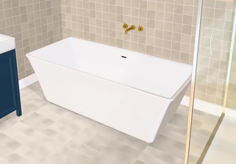 3D render from Free Room Planner of a freestanding rectangular bath with a wall-mounted brass filler, beside a blue vanity and a glass shower enclosure