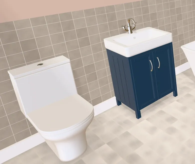 3D render from Free Room Planner of a close-coupled toilet beside a blue two-door vanity unit with a basin, on a tiled bathroom wall