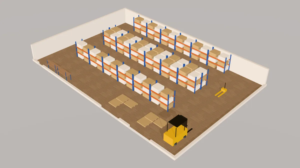 3D view of a small warehouse planned in Free Room Planner: three runs of blue and orange pallet racking with pallets on every level, wide aisles, pallets staged by the dock doors, a counterbalance forklift and a pallet truck