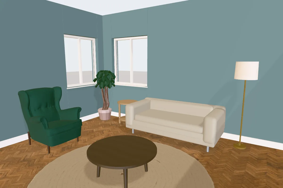 Living room with walls painted Benjamin Moore Aegean Teal