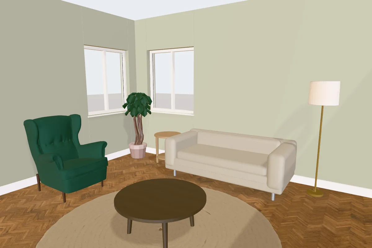 Living room with walls painted Benjamin Moore October Mist