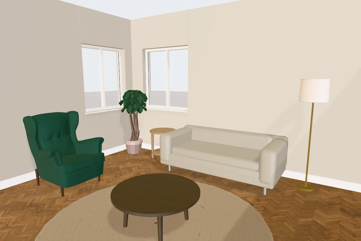 Living room with walls painted Benjamin Moore Revere Pewter