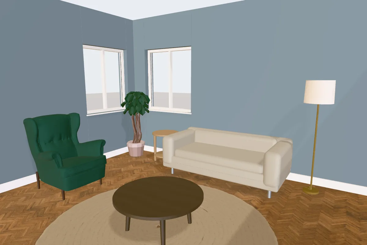 Living room with walls painted Dulux Denim Drift