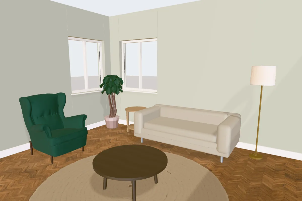 Living room with walls painted Farrow & Ball Mizzle