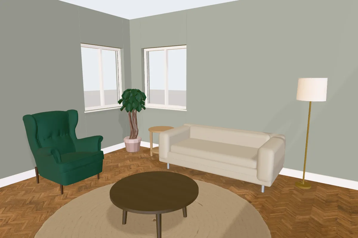 Living room with walls painted Farrow & Ball Pigeon