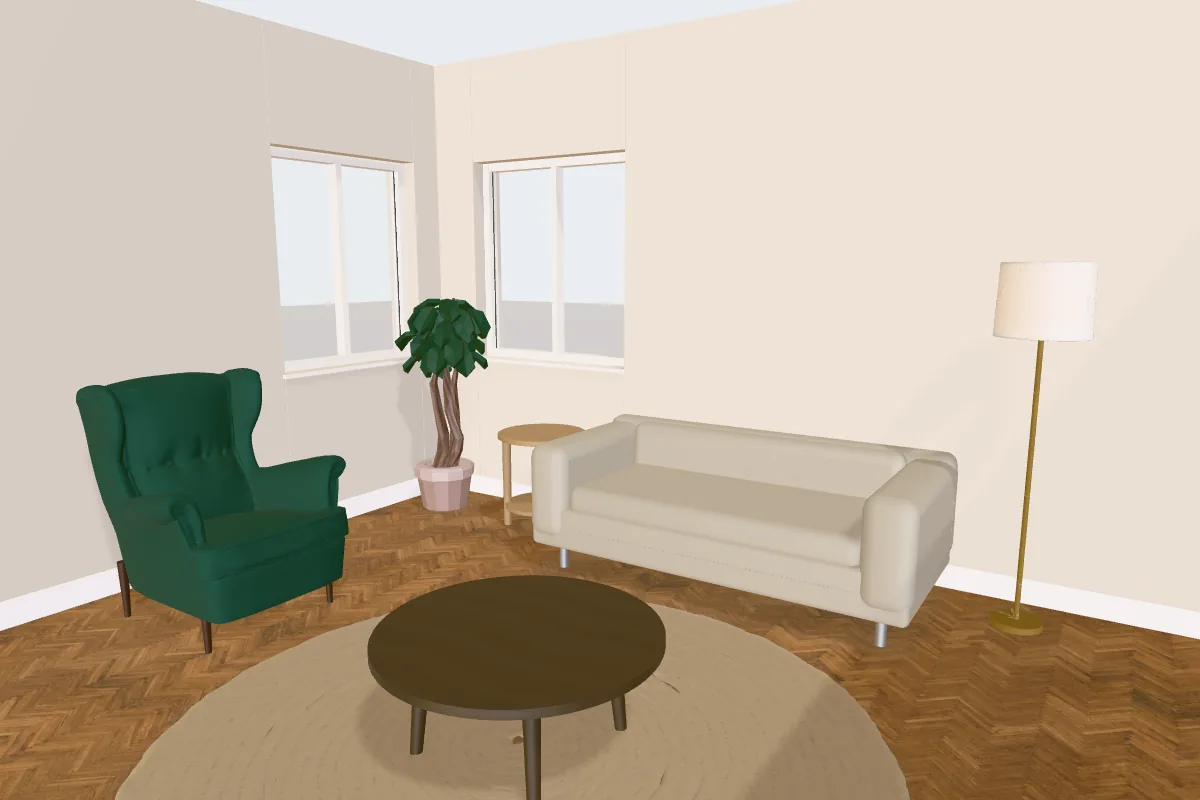 Living room with walls painted Farrow & Ball Skimming Stone