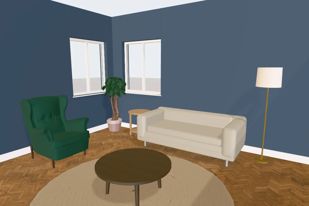 Living room with walls painted Farrow & Ball Stiffkey Blue