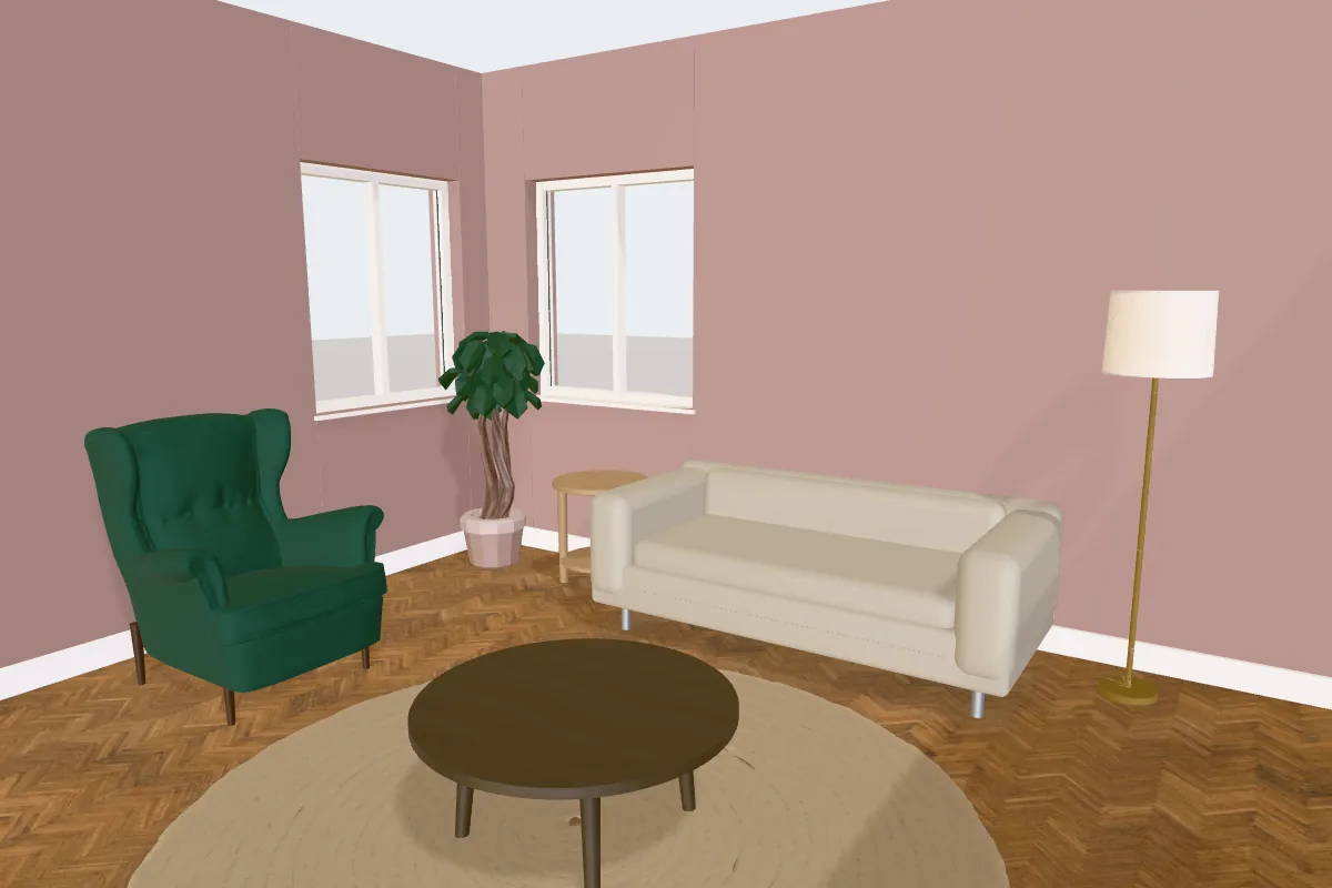 Living room with walls painted Farrow & Ball Sulking Room Pink