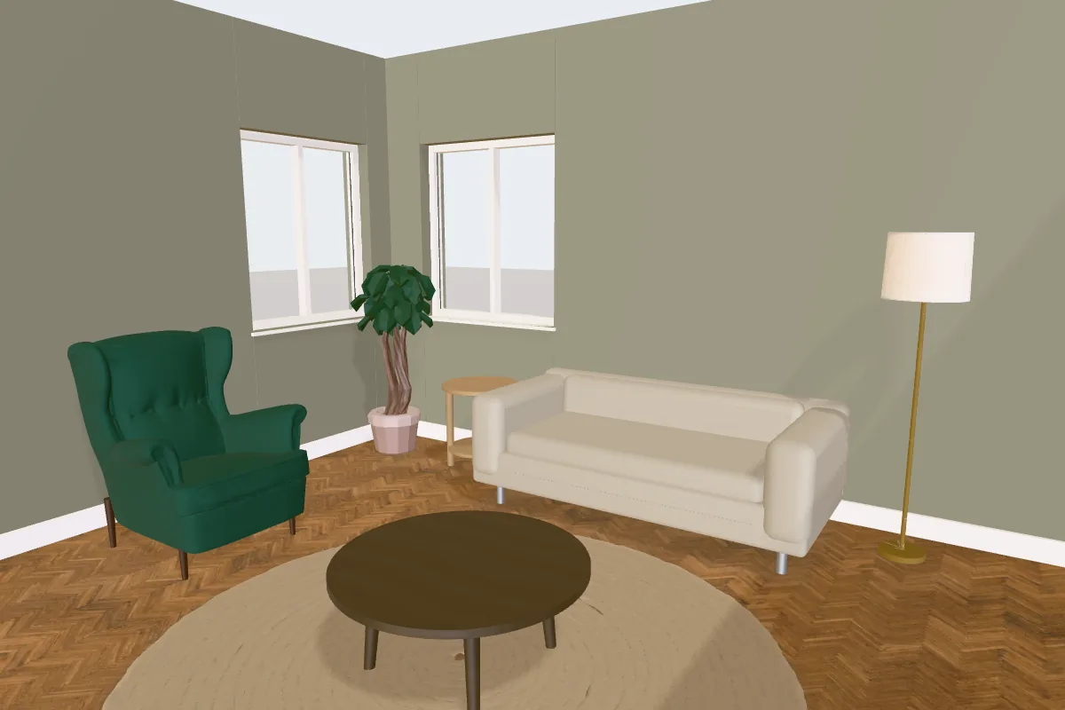 Living room with walls painted Farrow & Ball Treron