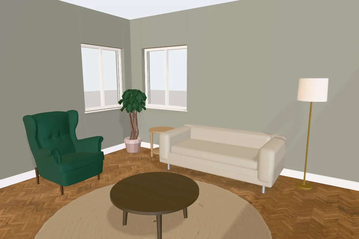 Living room with walls painted Sherwin-Williams Evergreen Fog