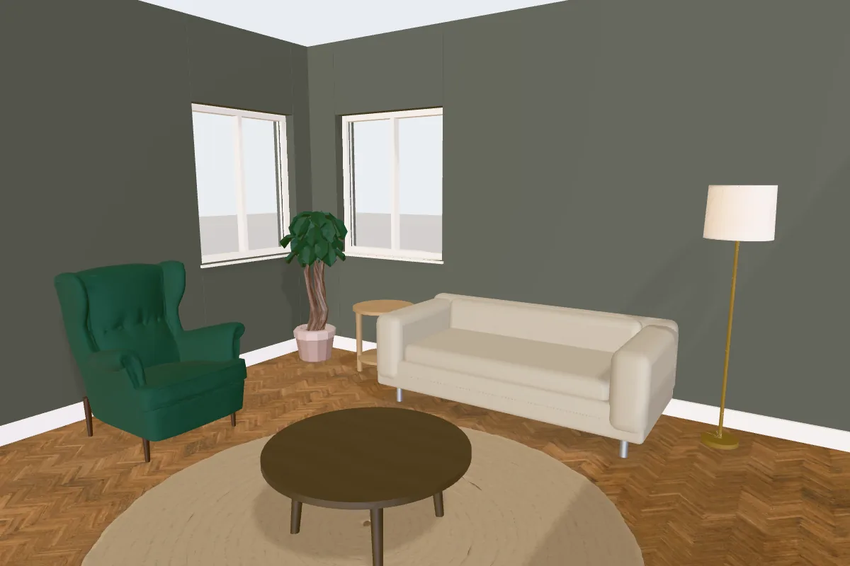 Living room with walls painted Sherwin-Williams Pewter Green