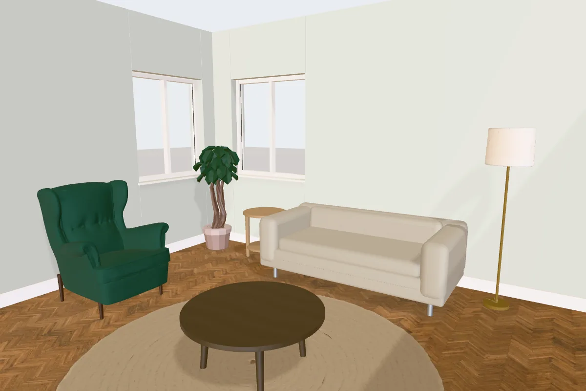 Living room with walls painted Sherwin-Williams Sea Salt
