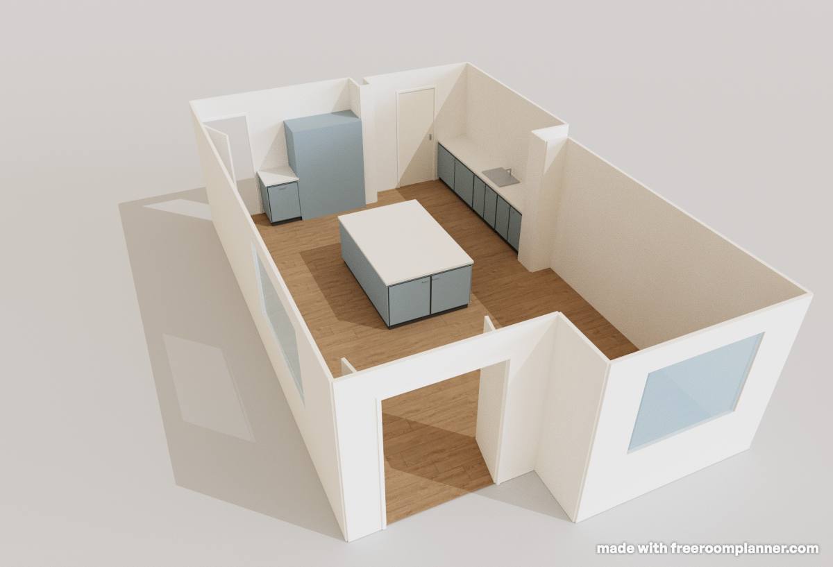 A kitchen floor plan rendered in 3D — walls, cabinets, an island and a fridge seen from above