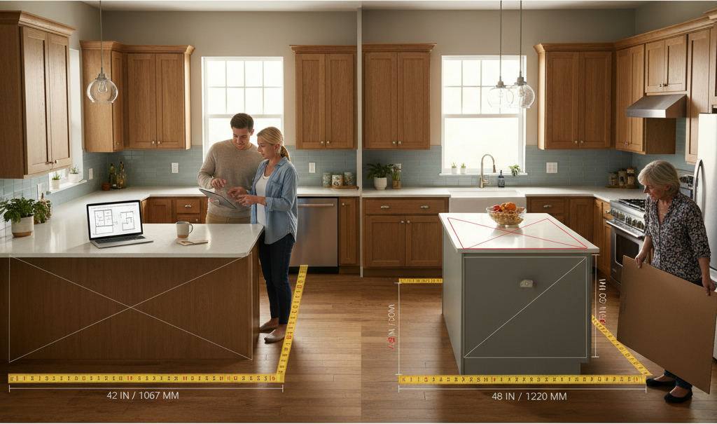 Editorial hero image illustrating: Kitchen Peninsula vs Island: Space Requirements Compared
