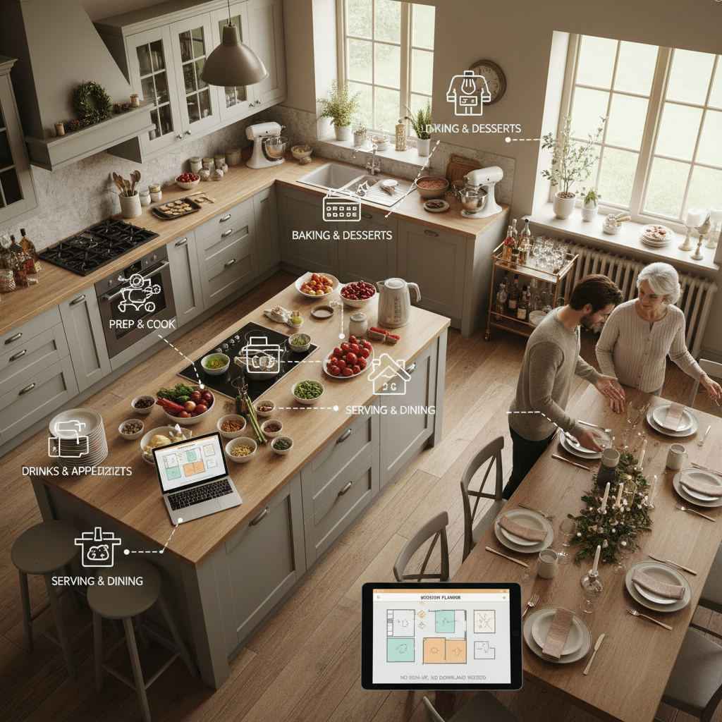 Editorial hero image illustrating: Holiday Kitchen Layout: 5 Zones for Entertaining