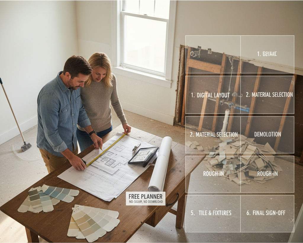 Editorial hero image illustrating: Spring Bathroom Renovation Timeline: 6 Phases