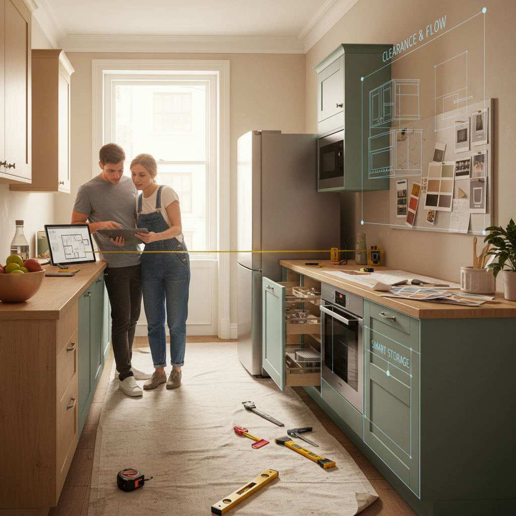 Editorial hero image illustrating: Narrow Kitchen Layout Design Challenges: Real Fixes