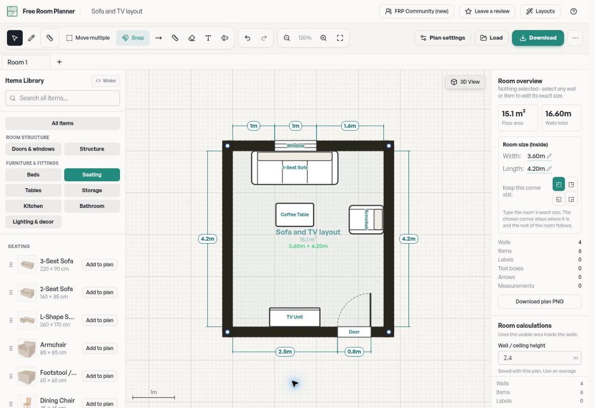Free Room Planner showing the built-in Sofa and TV layout, with Plan settings, Load and Download in the toolbar and inside room dimensions in the right panel